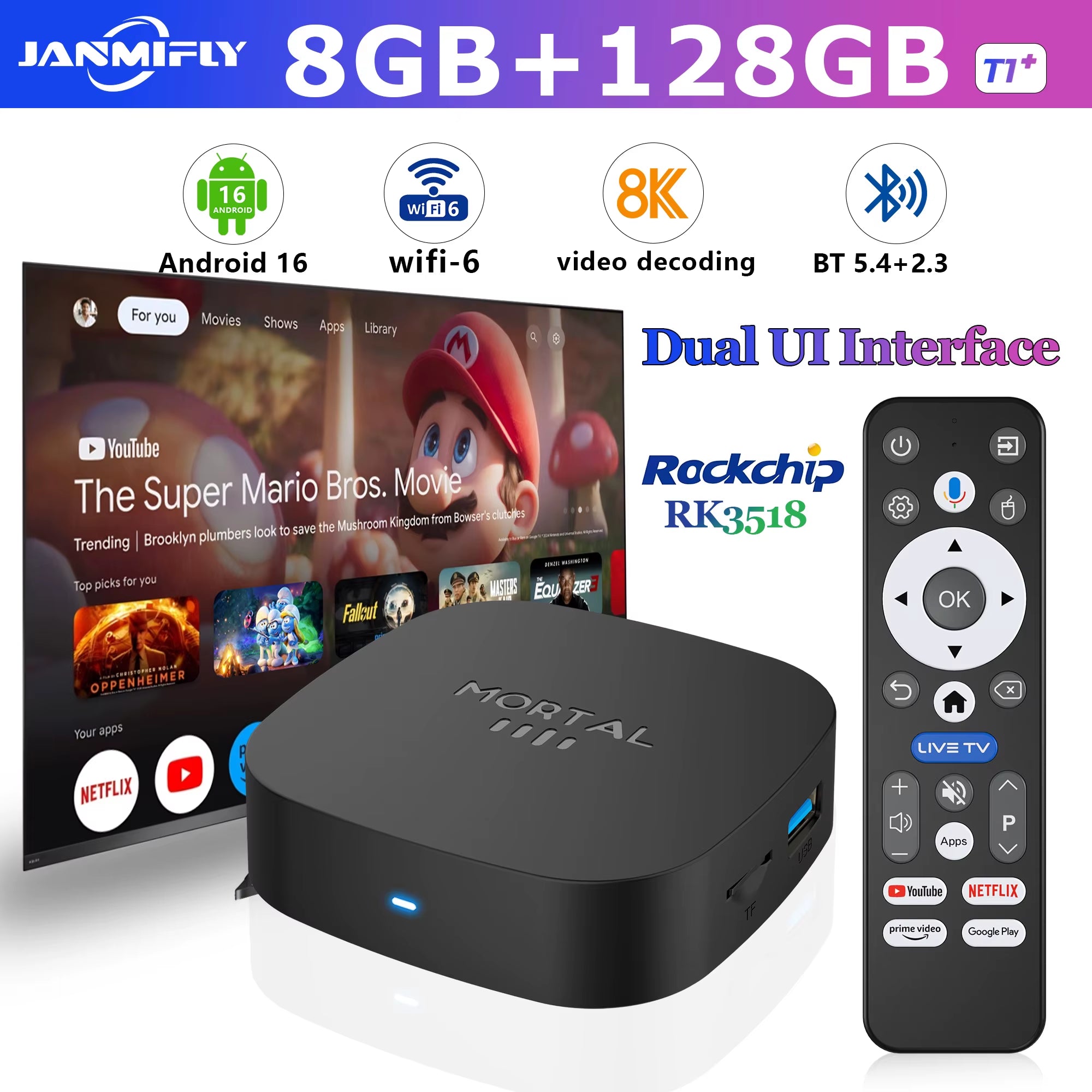 2025 New Android TV Box T1+ Rockchip RK3518 Android 16 8GB RAM 128GB ROM WiFi 6 BT 5.4 Dual UI 8K Ultra HD Smart Media Player