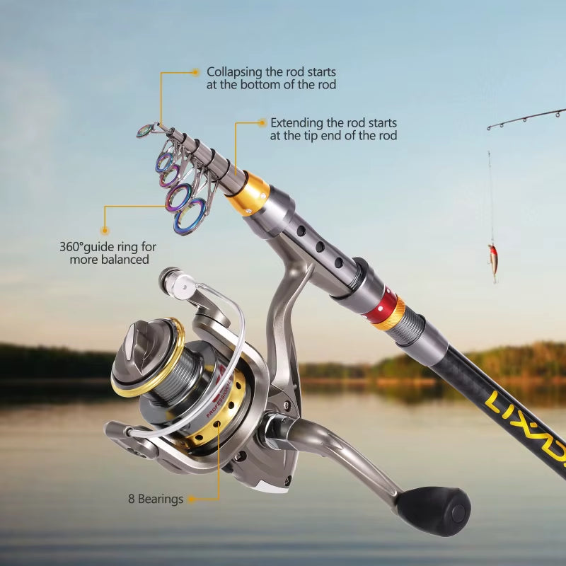 Lixada Telescopic Fishing Rod and Reel Combo Full Kit Carbon Fiber Fishing Rod Pole + Spinning Fishing Reel + Fishing Tackle Set