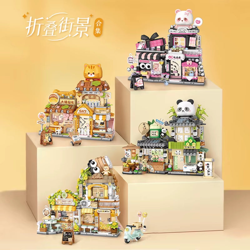 LOZ New Big Orange Cat Society Pet Store Gift Shop Building Block, Panda Tea House Home Decora Assembly Toys,For Kids Girls Gift