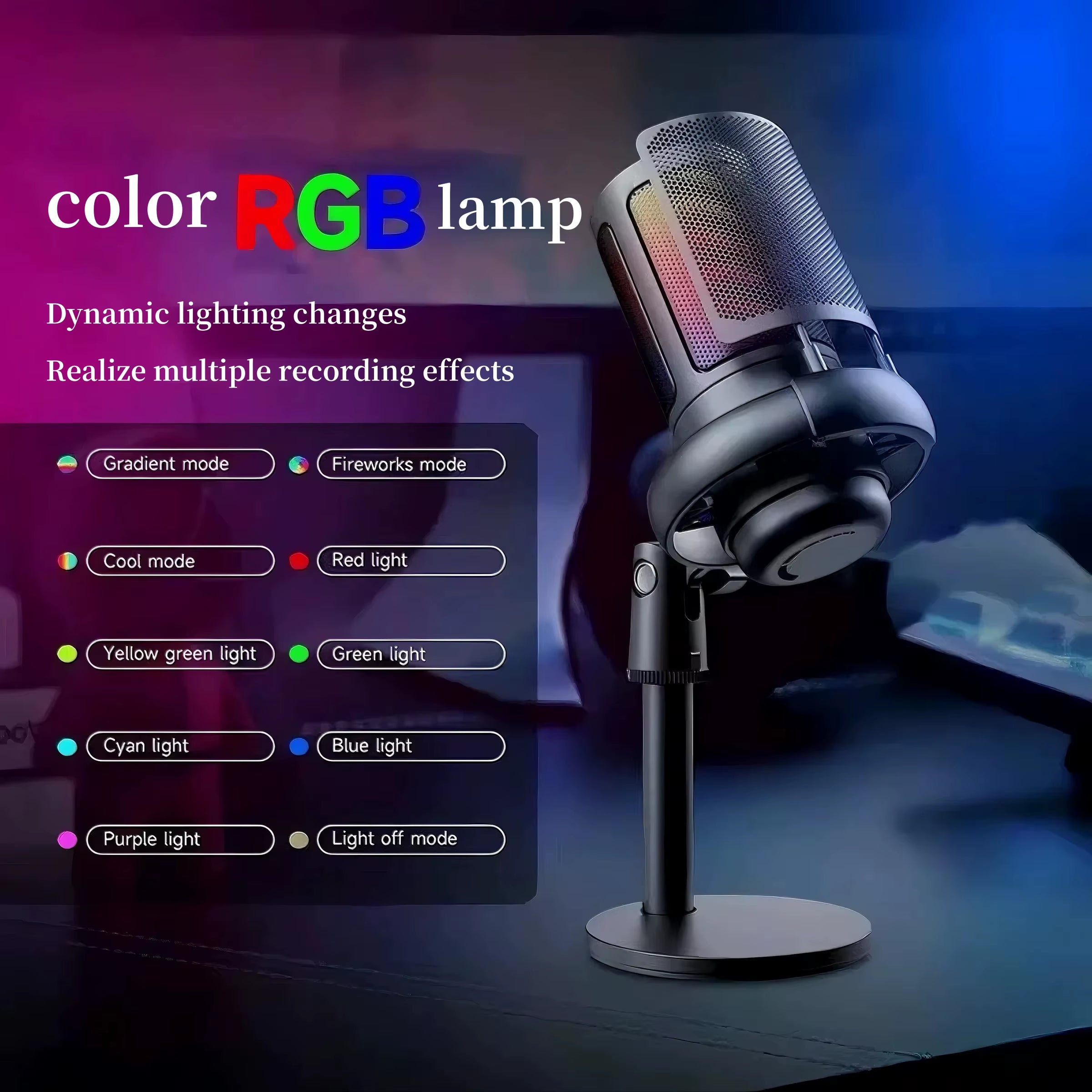 Professional USB microphone, computer condenser microphone, RGB microphone, suitable for game live video recording and recording