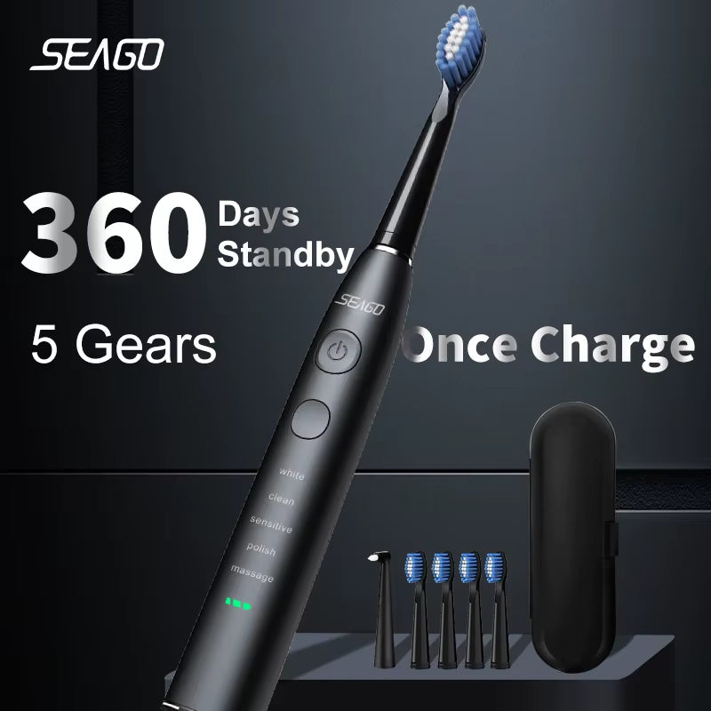 Electric Sonic Toothbrush USB Rechargeable Adult 360 Days Long Battery Life IPX7 4 Replacement Heads Travel Box  SG-575