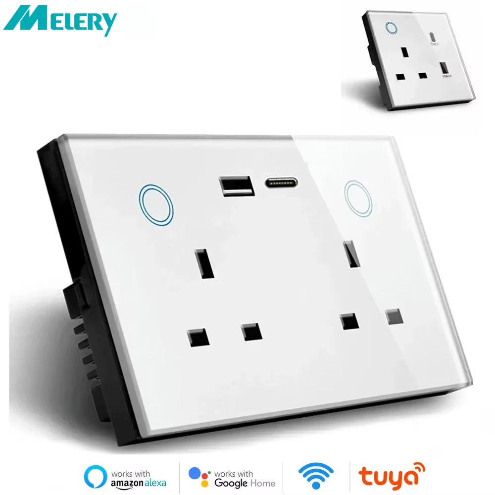 WIFI Smart Tuya USB Type C PD 20W Wall Socket UK Plug Outlet Power Monitor Touch Switch Wireless Remote Alexa Google Home
