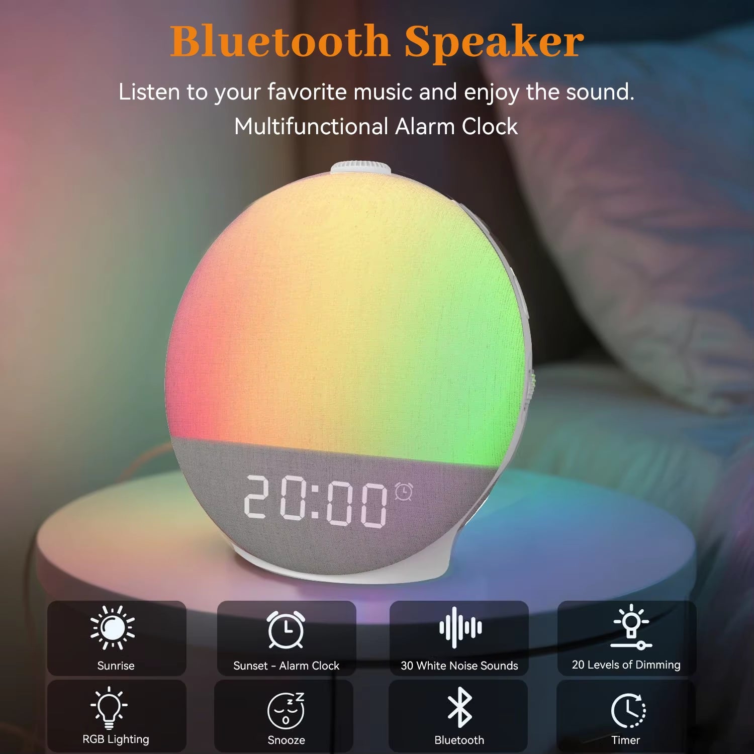 Sunrise Alarm Clock with Sound Machine Wake Up Lights Bluetooth Speaker 30 Sleep Sounds White Noise for Heavy Sleeper Ideal Gift