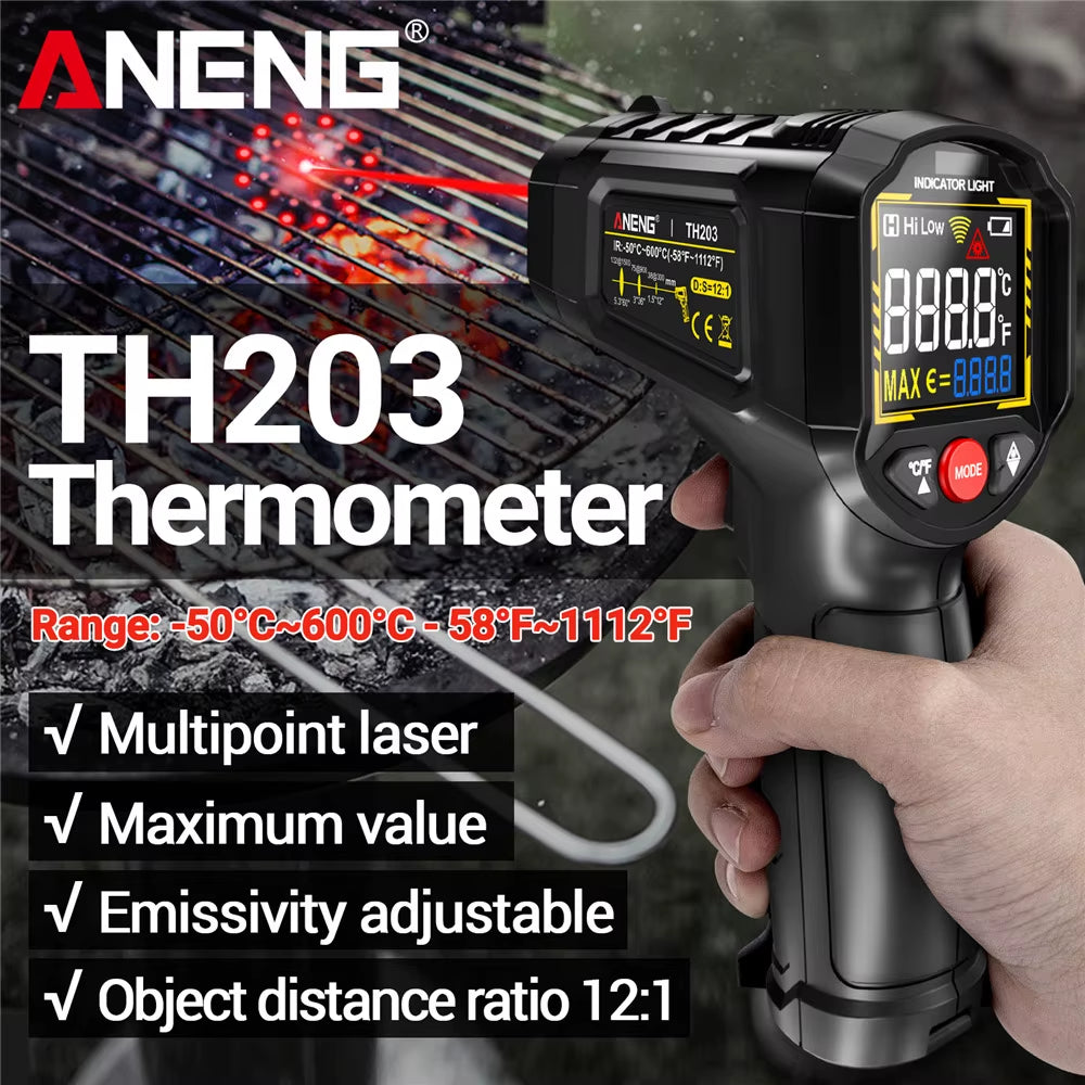 TH203 Digital Infrared Thermometer -50~600℃ Temperature Meter Non-contact Pyrometer Tester IR Hygrometer Industrial Tool