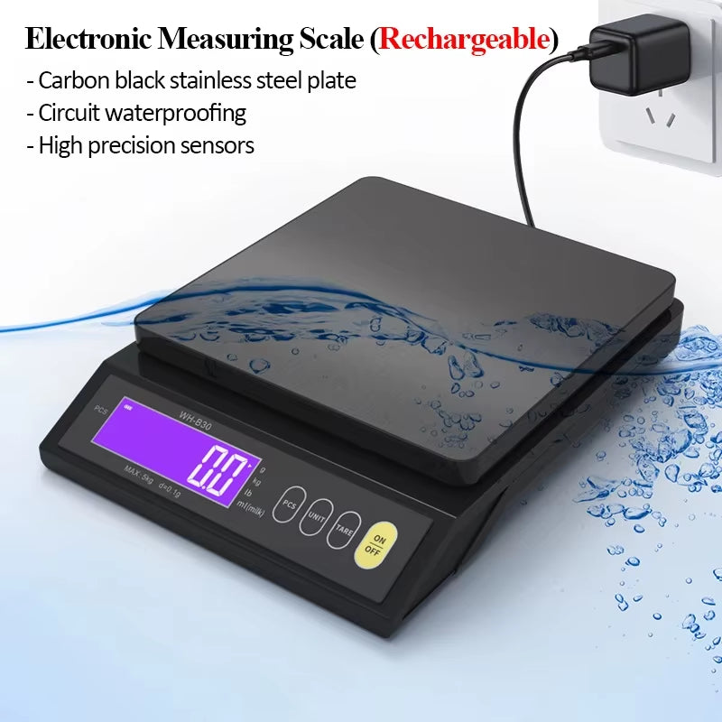 5kg/10kg Rechargeable Kitchen Scale Fully Waterproof LCD Display Stainless Steel Electronic Scale Household Weighing Baking Tool