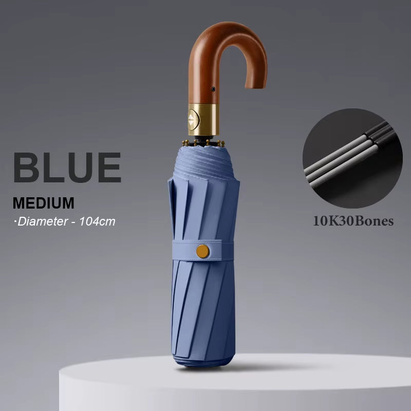 30 Bones Windproof Strong Reinforced Automatic Folding Umbrella for Men Curved Wooden Handle Luxury Umbrella Water Resistant