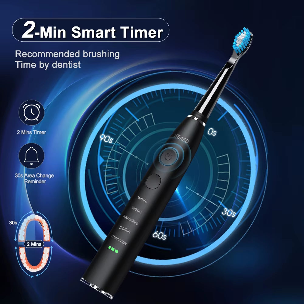 Electric Sonic Toothbrush USB Rechargeable Adult 360 Days Long Battery Life IPX7 4 Replacement Heads Travel Box  SG-575