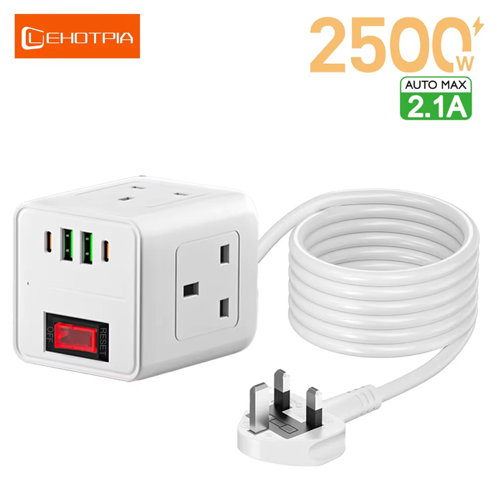2500W UK Plug Power Strip Adapter Multitap AC Outlets USB Type-C  With Overload Protecti 2M Extension Cord Socket with Switch