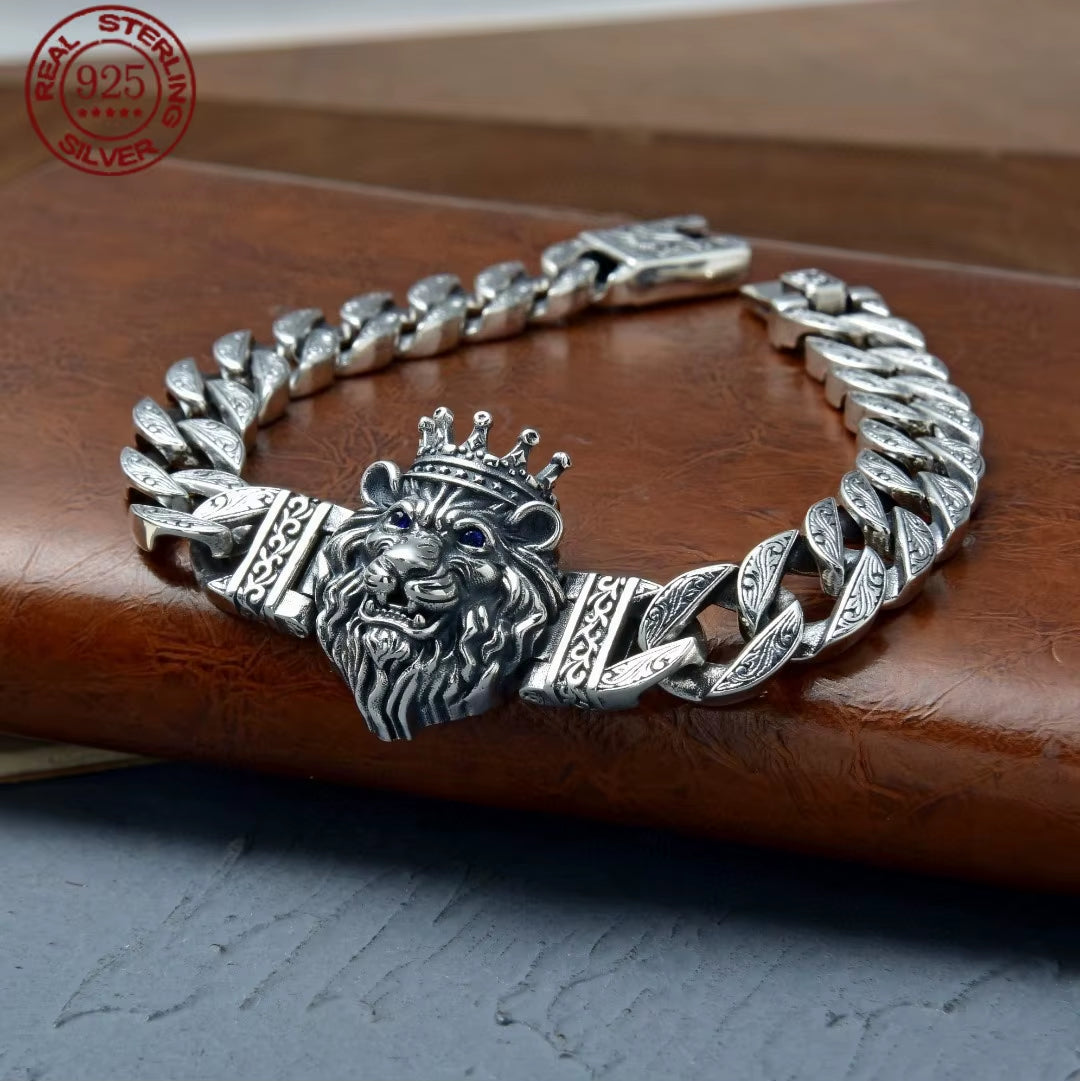 Factory Price S925 Silver Jewelry Men's Vintage Fashion Punk Lion Head Bracelet Retro Trend Jewelry Gift
