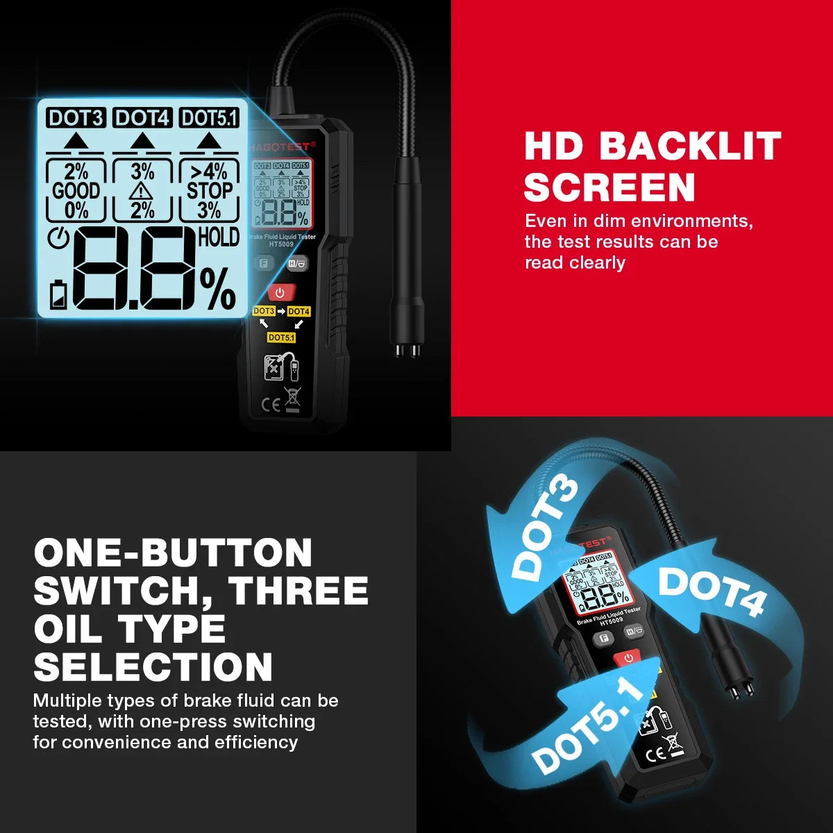 Digital Brake Fluid Tester Auto Car Brake Oil Moisture Detector DOT3/DOT4/DOT5.1 with Backlight Flexible Probe Brake Oil Tester