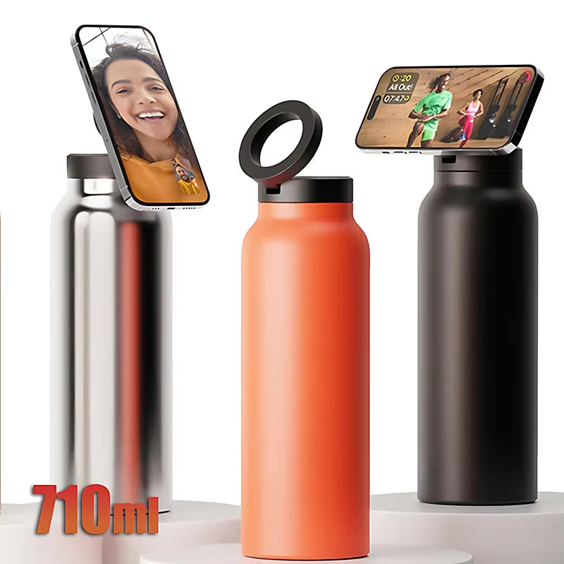 24oz Insulated Stainless Steel Sports Water Bottle with Magnetic Lid & Phone Holder - BPA-Free Perfect for Outdoor Activities