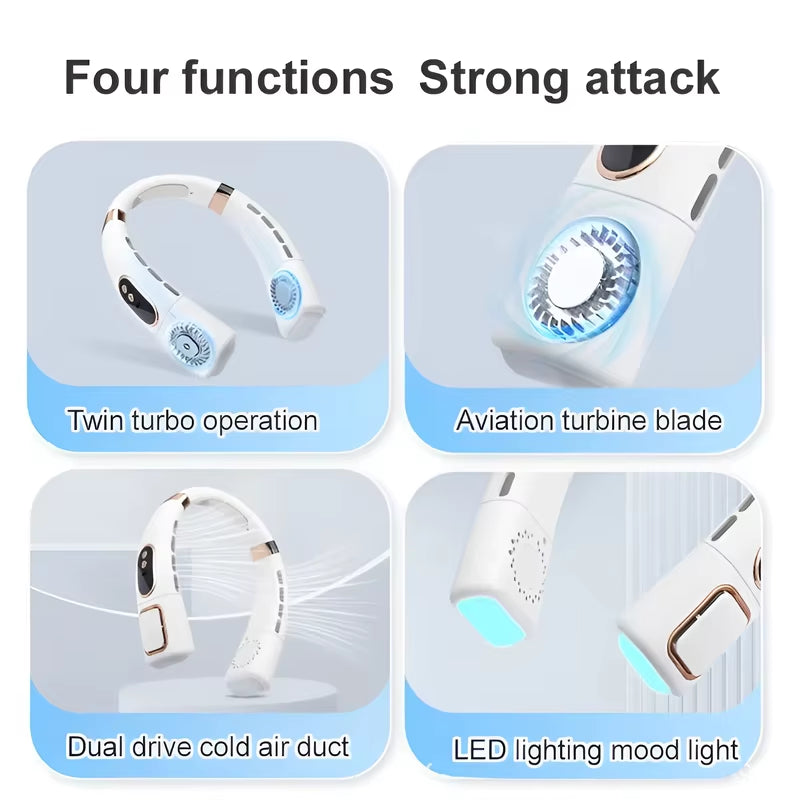 Hanging Neck Fan USB Charging Ice Porcelain Cooling Hanging Neck Fan 360-degree Air Flow Intelligent Digital Display Lighting