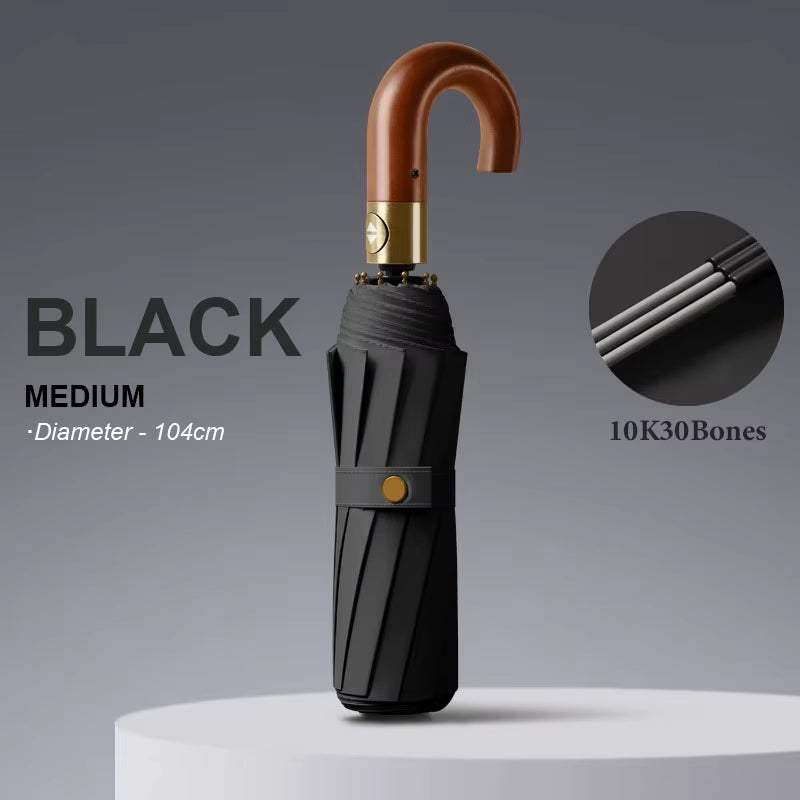 30 Bones Windproof Strong Reinforced Automatic Folding Umbrella for Men Curved Wooden Handle Luxury Umbrella Water Resistant