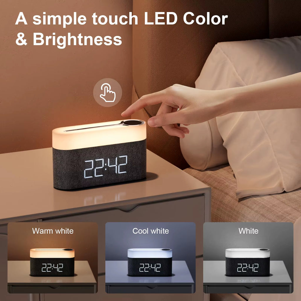 15W Qi Wireless Charging Alarm Clock - Digital LED Night Light for IPhone/Samsung/Huawei, Adjustable Brightness