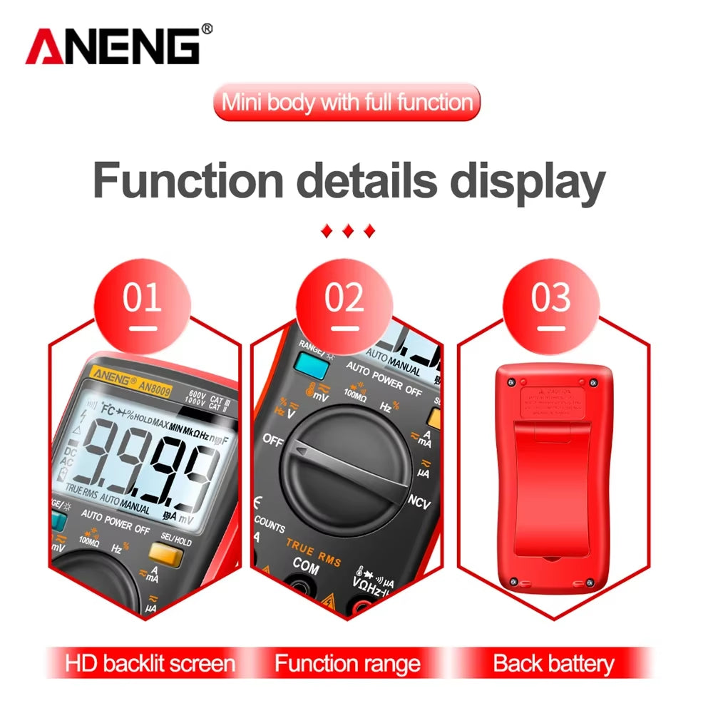 Digital Multimeter Transistor  AN8009 Testers Capacitor True-RMS Tester Automotive Electrical Capacitance Meter Temp Diode
