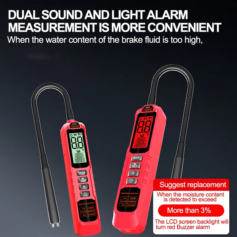 Digital Brake Fluid Tester Auto Car Brake Oil Moisture Detector DOT3/DOT4/DOT5.1 with Backlight Flexible Probe Brake Oil Tester