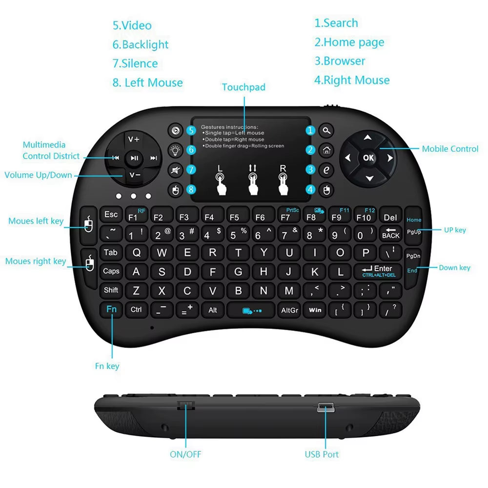 Portable i8 Keyboard 7 Color Backlit 2.4GHz Mini Wireless Air Mouse Russian English Built-in Lithium Battery Chargable Keyboard