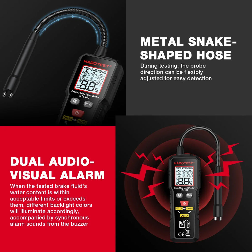 Digital Brake Fluid Tester Auto Car Brake Oil Moisture Detector DOT3/DOT4/DOT5.1 with Backlight Flexible Probe Brake Oil Tester