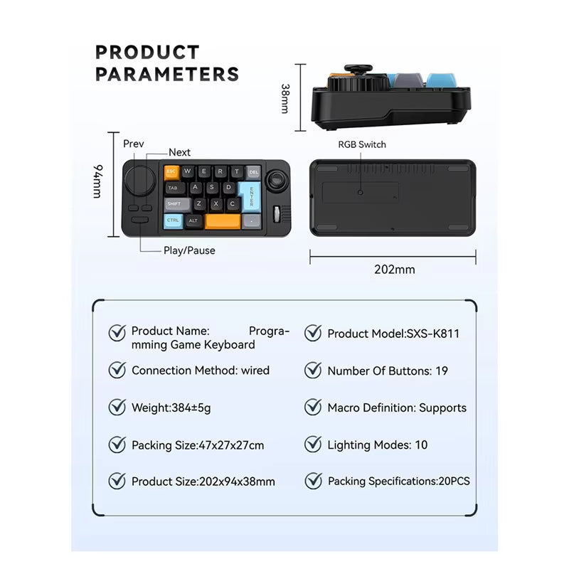 19-Key Macro-Defined Joystick Dual-Wheel RGB Hot-Swappable Macro-Defined Wired Mechanical Gaming Keyboard For Win10