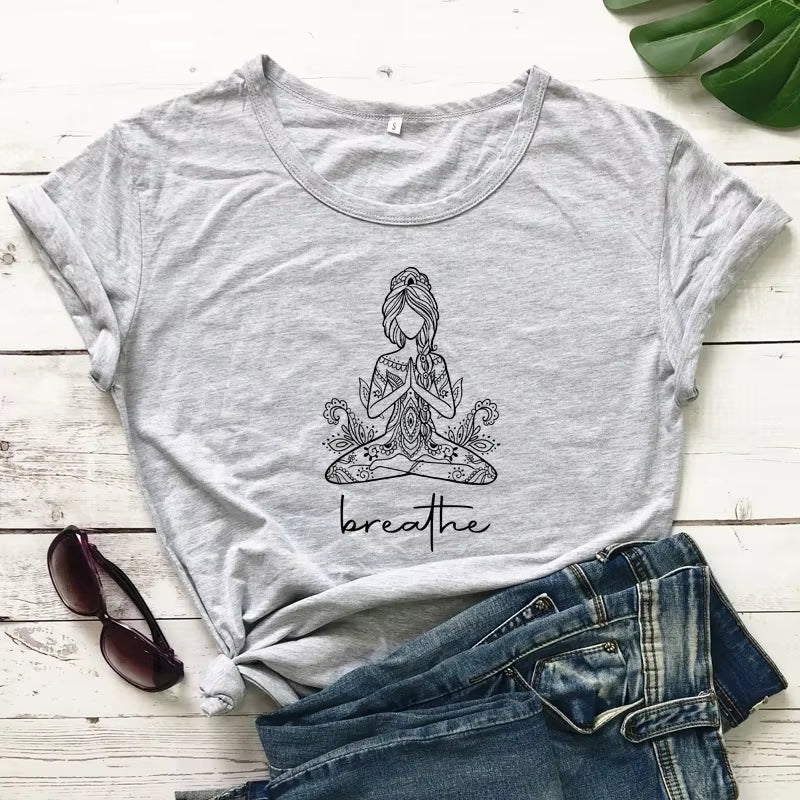 Breathe Meditation Girl T-shirt Boho Yoga Workout Tshirt Funny Women Graphic Namaste Top Tee Shirt
