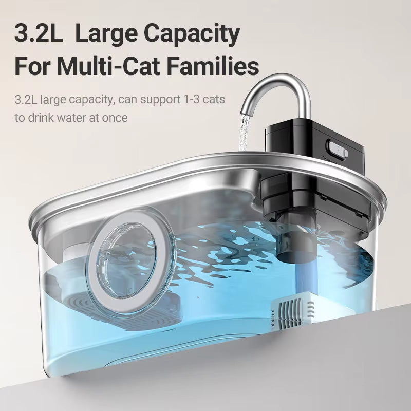  3.2L Stainless Steel Cat Water Fountain Wireless Sensor Smart Automatic Dog Water Dispenser Drinking Fountain 4000mAh