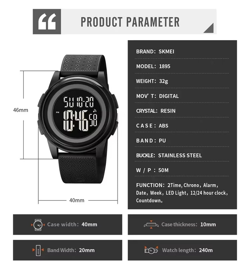 1895  Digital Wristwatch relogio masculino Casual Countdown Sport Watches Men LED Light Chrono Alarm Clock 5Bar Waterproof