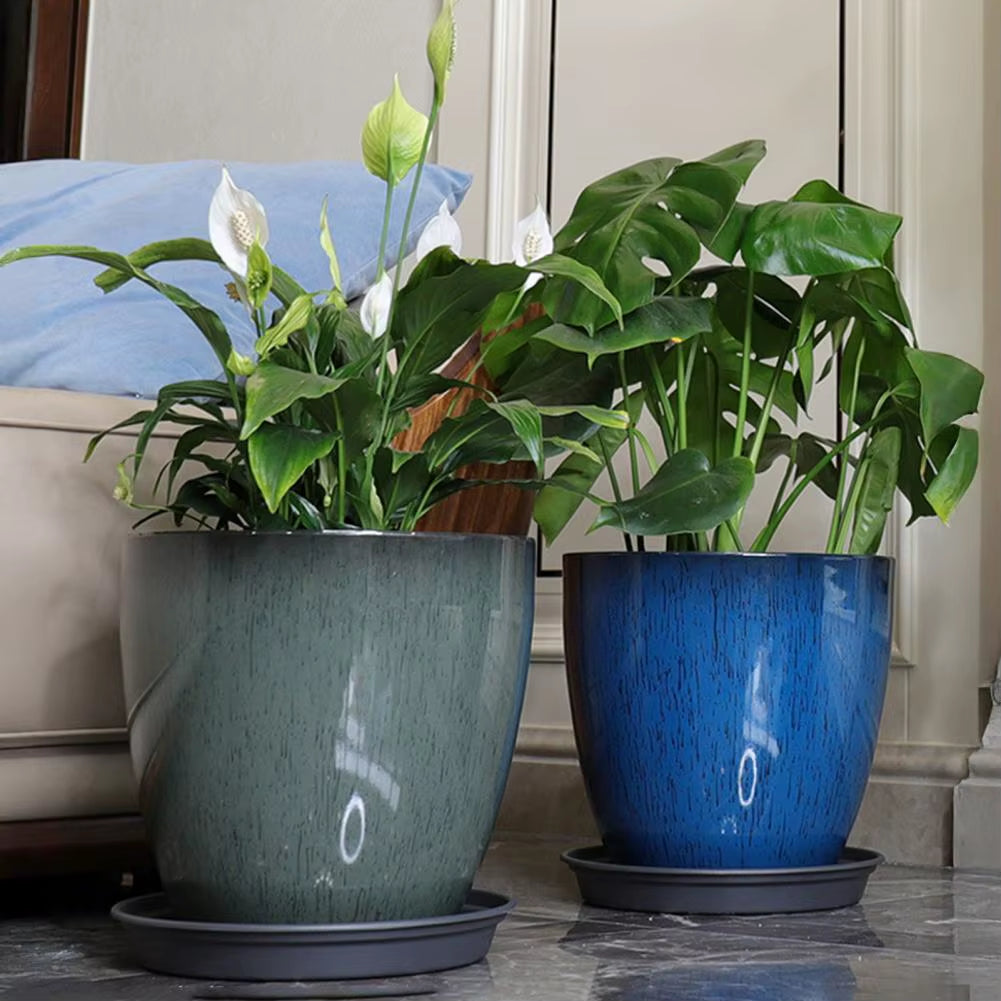 28cm Height Deep Flower Pot Imitation Ceramic Resin Monstera Planter Saucer For Indoor Outdoor Plants Home Garden Office Decor