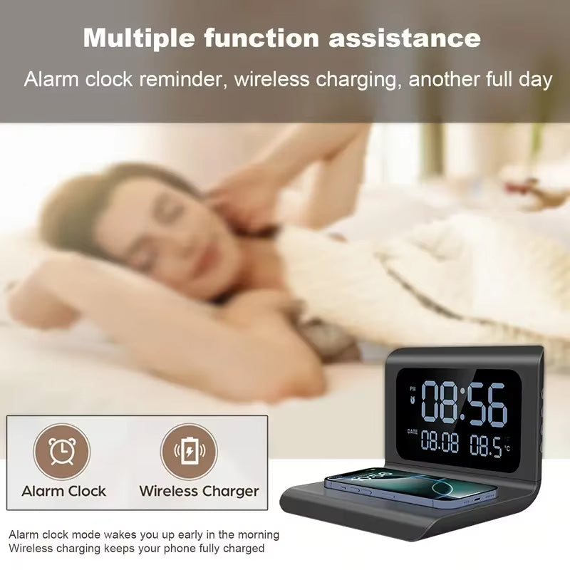 Wireless Charger with Clock Alarm - Detachable, Compatible with iPhone 16/15/14/13 series and Samsung Galaxy S24/S23/S22
