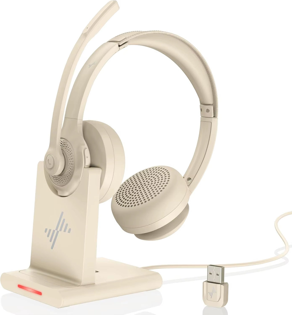 JIAMQISHI EH02P Wireless Headset with AI Noise Cancelling Microphone Headphones Bluetooth V5.2 with USB Dongle,Charging Base