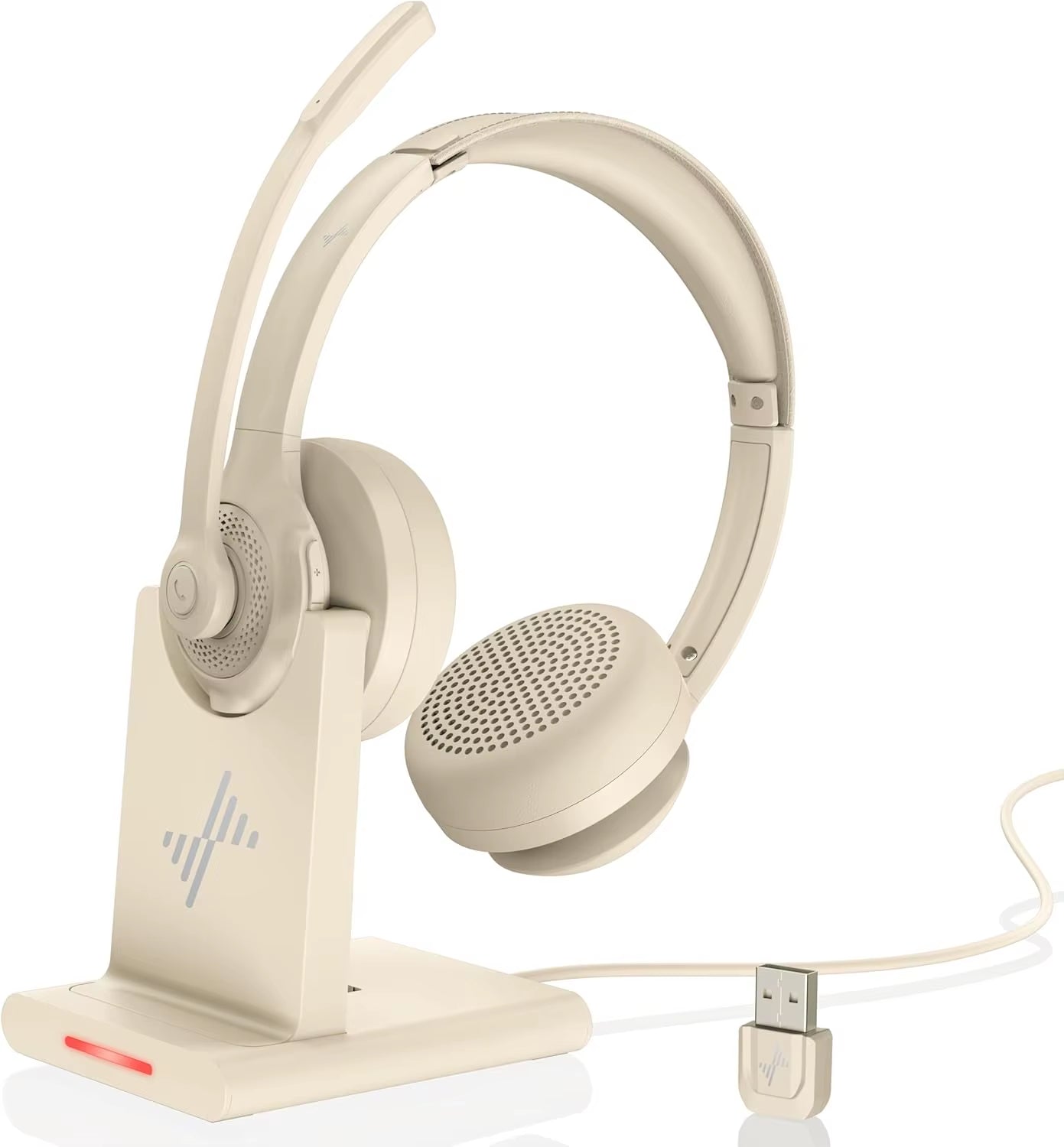 JIAMQISHI EH02P Wireless Headset with AI Noise Cancelling Microphone Headphones Bluetooth V5.2 with USB Dongle,Charging Base