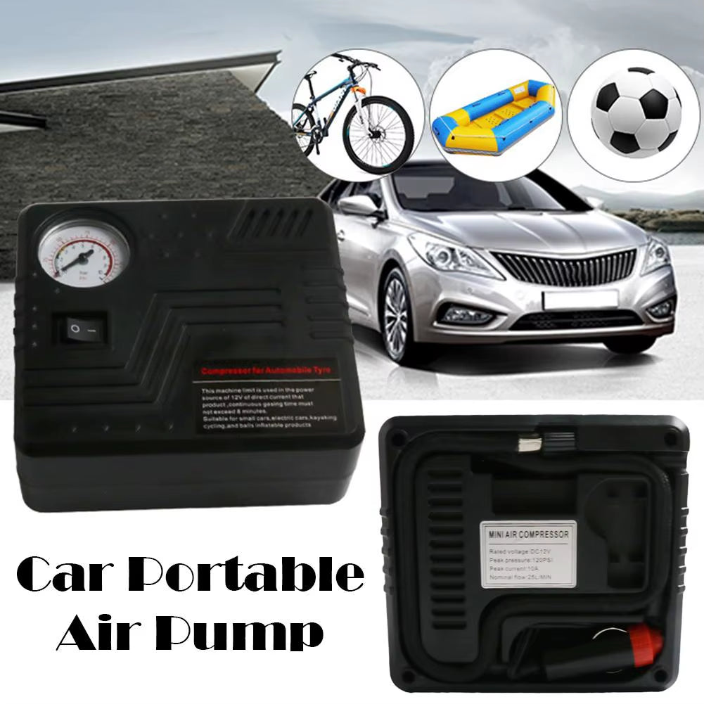 Car Emergency Air Pump Auto Tire Inflator DC 12V with Pressure Gauge Cigarette Lighter Plug Compact Portable for SUV Truck