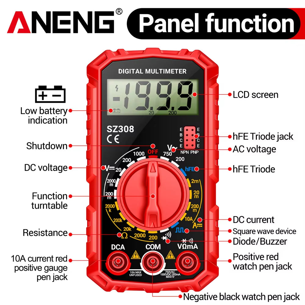 SZ308 Digital Multimeter   AC/DC Current Meter Voltage Resistance Meter Electrician LCD Backlight Ohm Square Wave Test