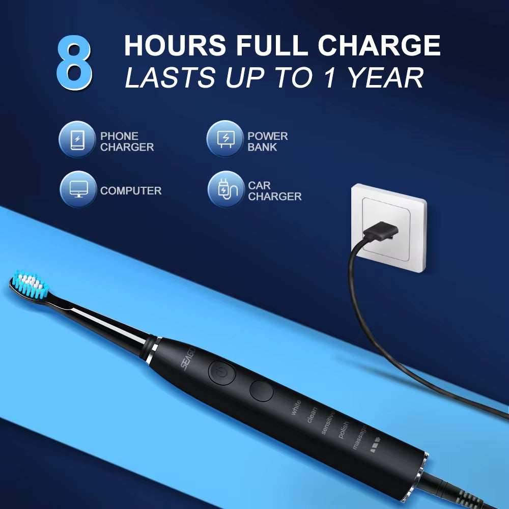 Electric Sonic Toothbrush USB Rechargeable Adult 360 Days Long Battery Life IPX7 4 Replacement Heads Travel Box  SG-575