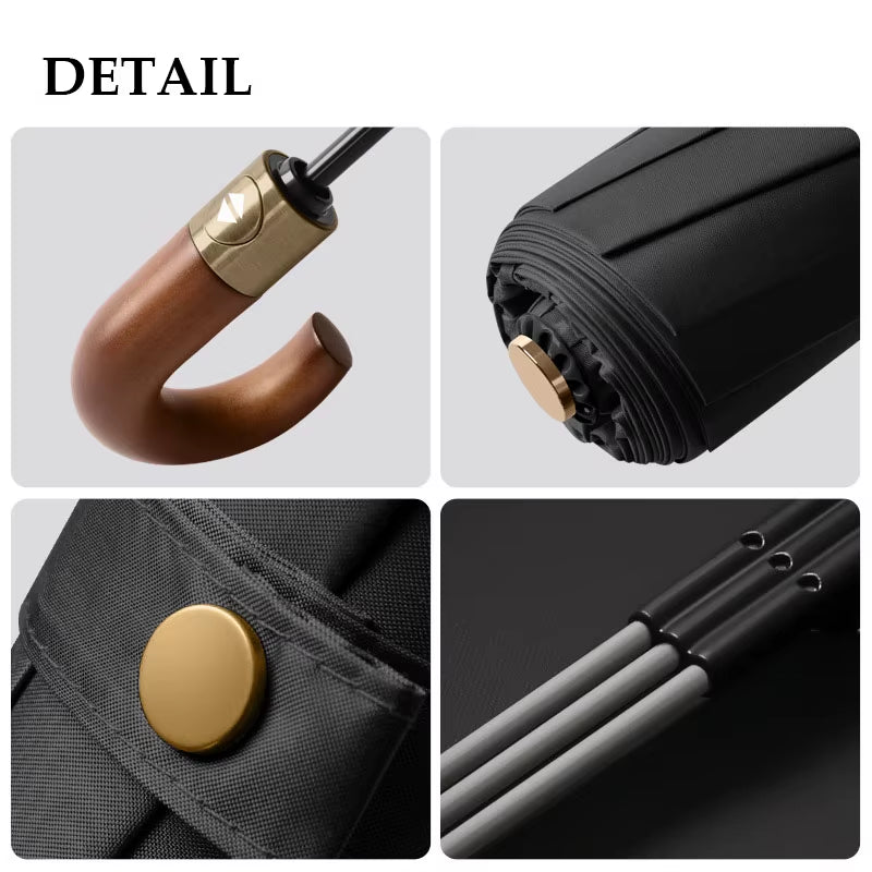 30 Bones Windproof Strong Reinforced Automatic Folding Umbrella for Men Curved Wooden Handle Luxury Umbrella Water Resistant
