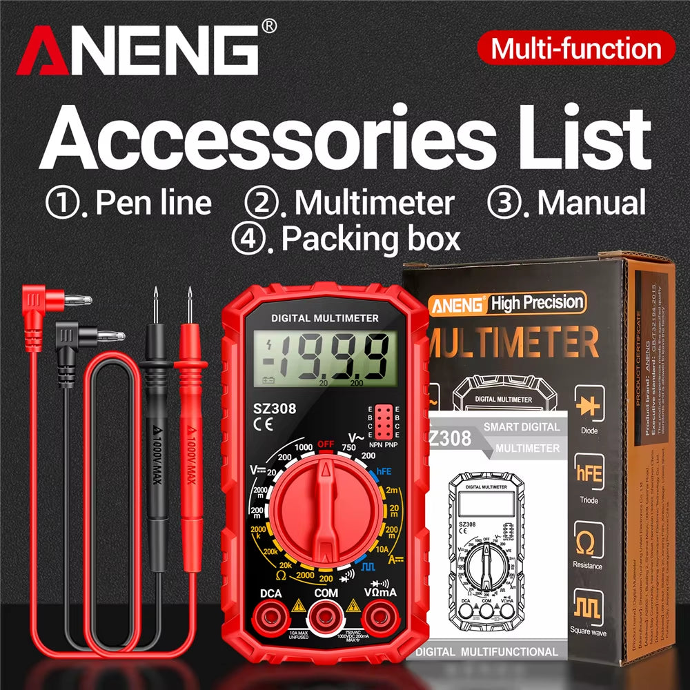 SZ308 1999 Count Digital Multimeter AC/DC High-Precision Multi-function Voltage Current Resistance Multimeter Tester Tools