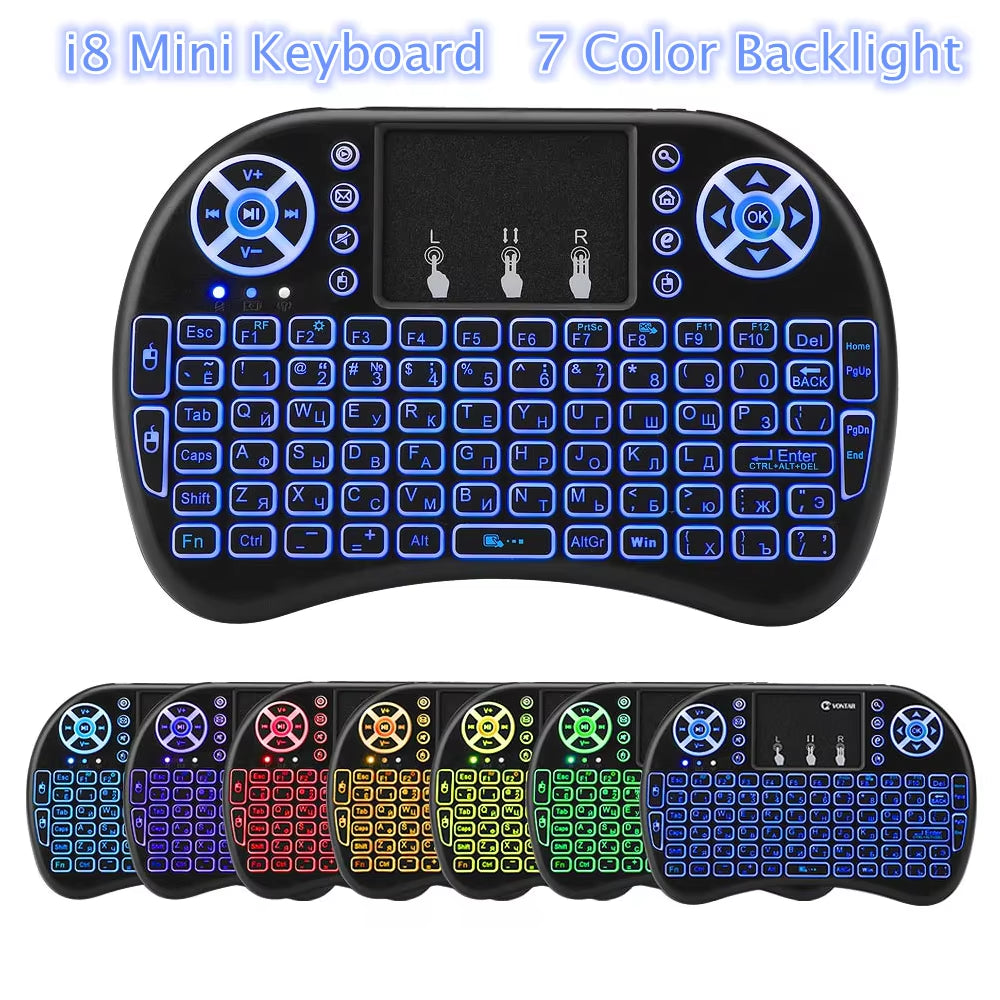 Portable i8 Keyboard 7 Color Backlit 2.4GHz Mini Wireless Air Mouse Russian English Built-in Lithium Battery Chargable Keyboard