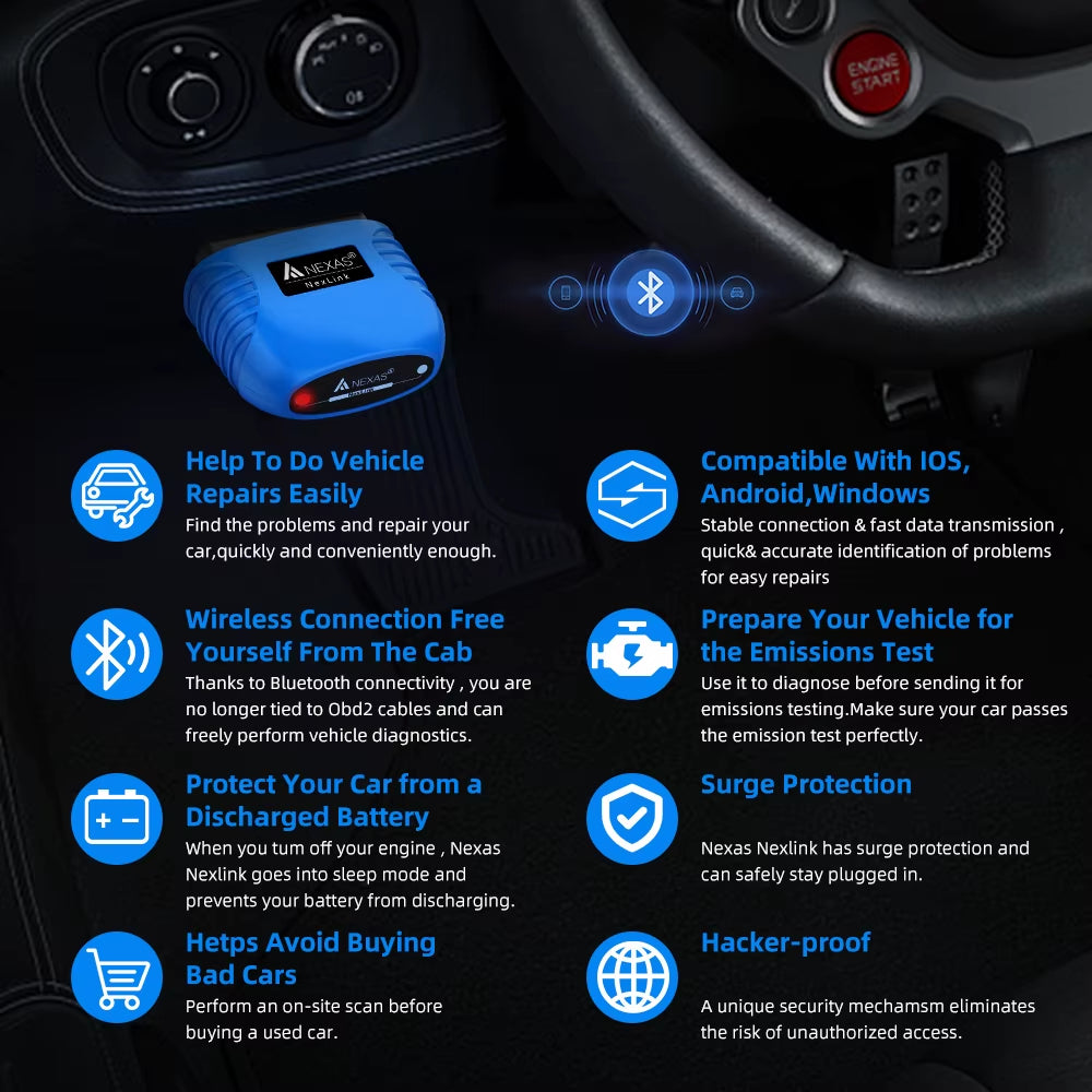 NexLink Bluetooth 5.0 OBD2 EOBD Automotive Scanner for iOS Android Windows Fault Code Reader Diagnostic Scan Tool