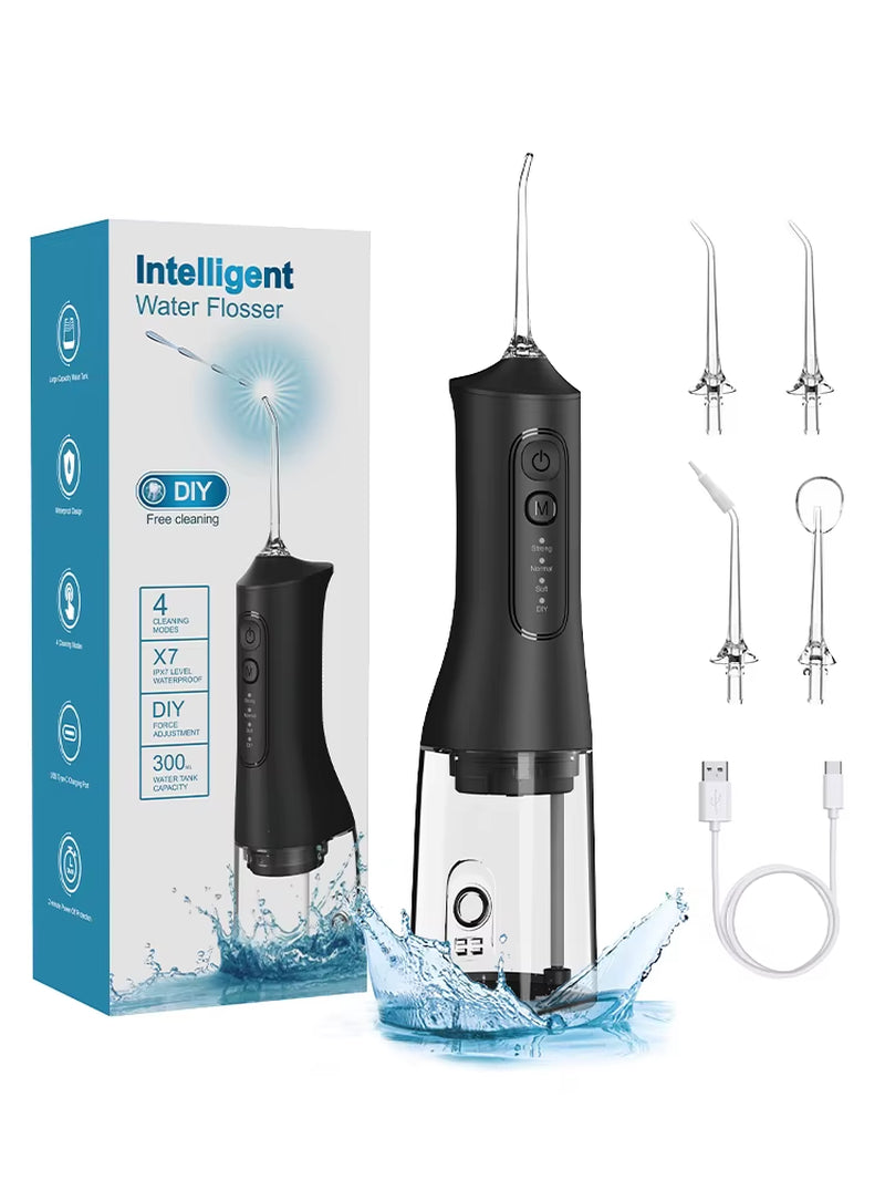 Water Dental flosser Teeth Pick- 4 Modes Cordless Oral Irrigator 300ML Portable and Rechargeable IPX7 Waterproof Powerful Batter