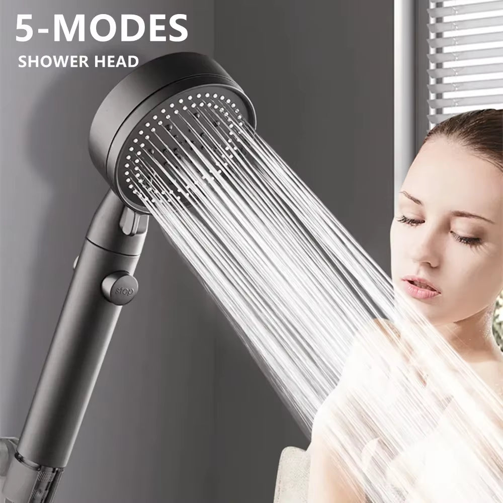 Adjustable High Pressure Shower Head 5 Modes with Hose Water Saving One-Key Stop Spray Nozzle - Bathroom Shower Accessories