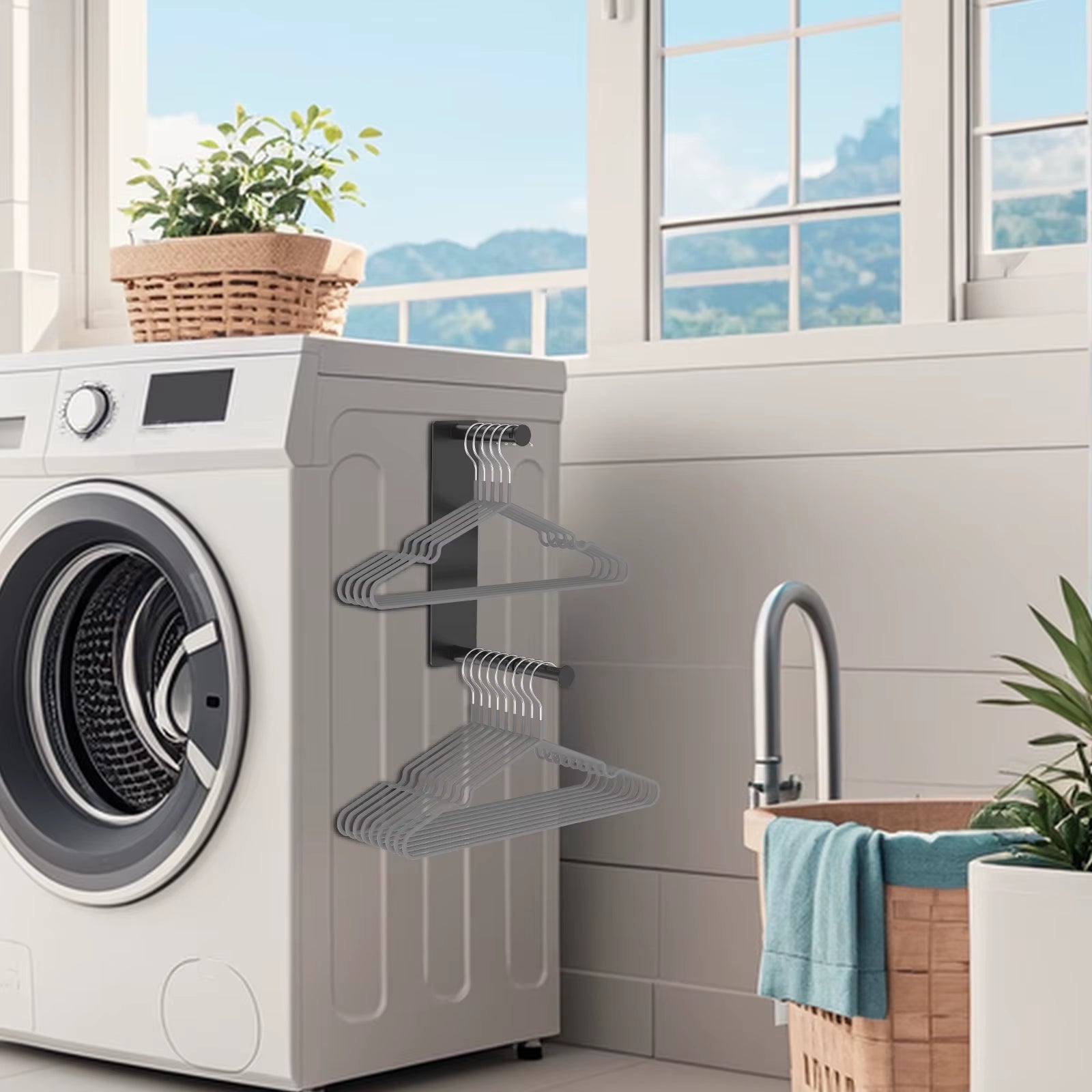 Magnetic Clothes Rack Punch-Free Wall-Mounted Hanger Organizers Multi-functional Storage Rack for Washing Machine Closet