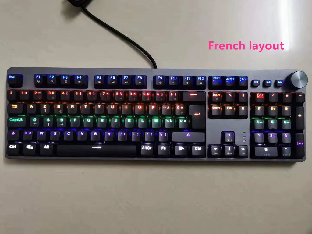 Mixed Backlight Wired Gaming Mechanical Keyboard 104 Keys Black & Gray with Multi-Function Knobs French/US Layout ES-RS