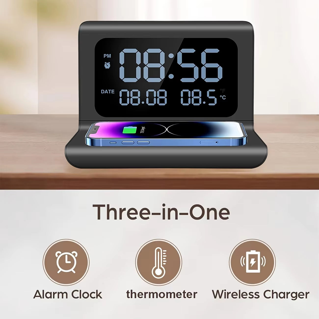 Wireless Charger with Clock Alarm - Detachable, Compatible with iPhone 16/15/14/13 series and Samsung Galaxy S24/S23/S22