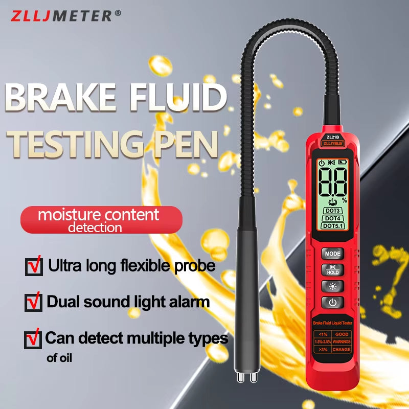 Digital Brake Fluid Tester Auto Car Brake Oil Moisture Detector DOT3/DOT4/DOT5.1 with Backlight Flexible Probe Brake Oil Tester