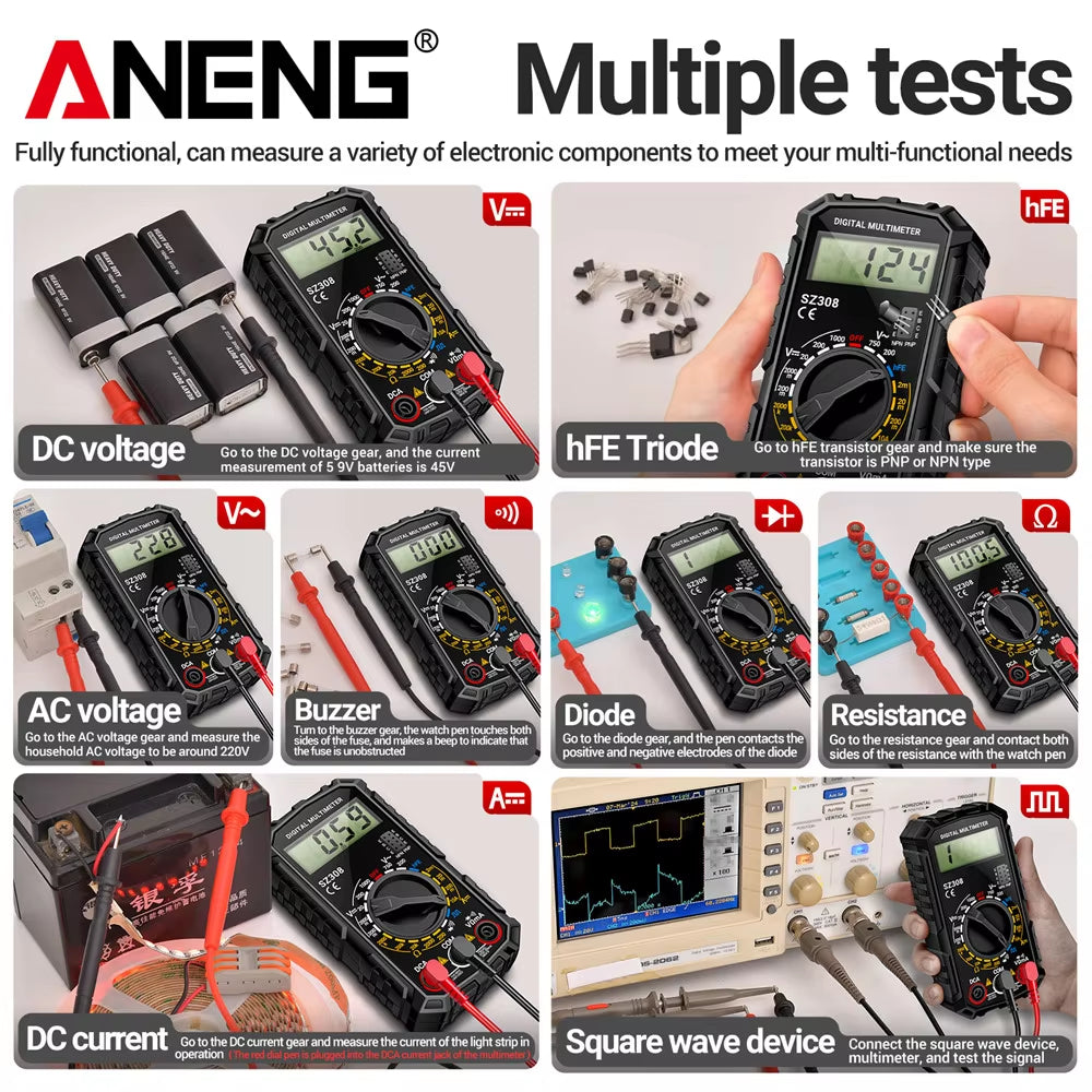 SZ308 Digital Multimeter   AC/DC Current Meter Voltage Resistance Meter Electrician LCD Backlight Ohm Square Wave Test