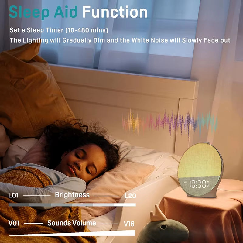 Wake Up Light Sunrise Alarm Clock White Noise Sound Machine Bluetooth Speaker Color Night Light for Bedroom Ideal Gift