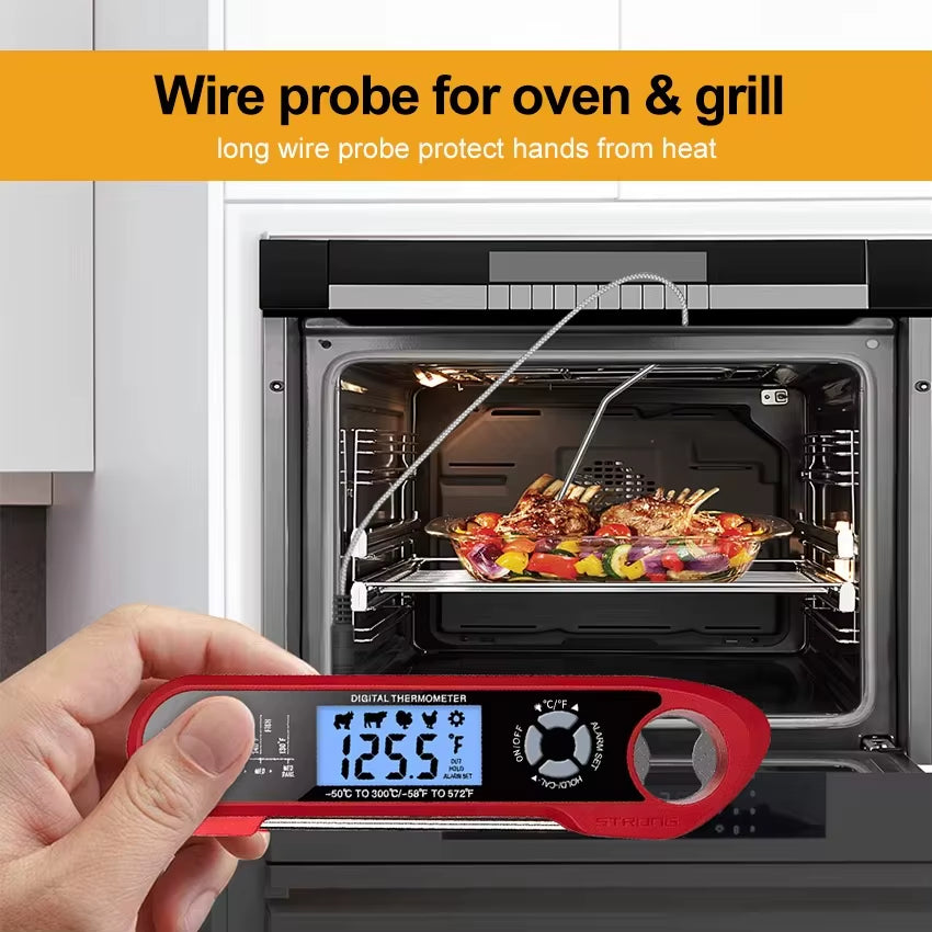 Digital Food Kitchen Thermometer Dual-Probe Waterproof  For Oven Meat Cooking Grilling With Rotating LCD Screen Alarm Function