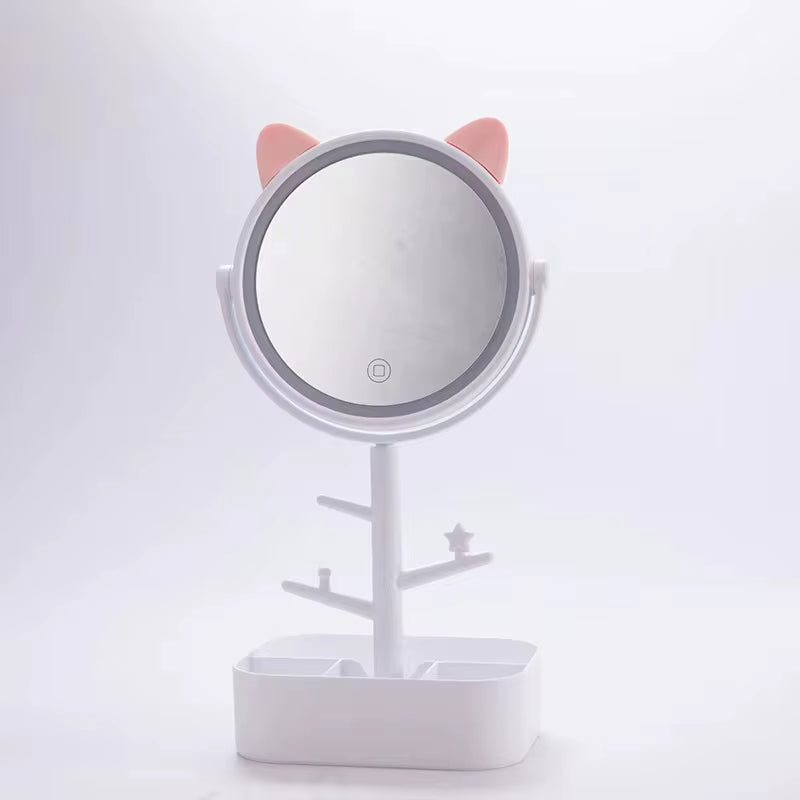 Ears LED Makeup Mirror With Light Lamp With Storage Desktop Rotating Cosmetic Mirror Light Adjustable Dimming USB Vanity Mirror