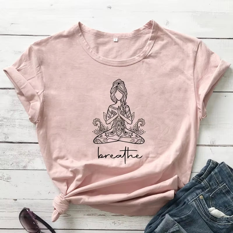 Breathe Meditation Girl T-shirt Boho Yoga Workout Tshirt Funny Women Graphic Namaste Top Tee Shirt