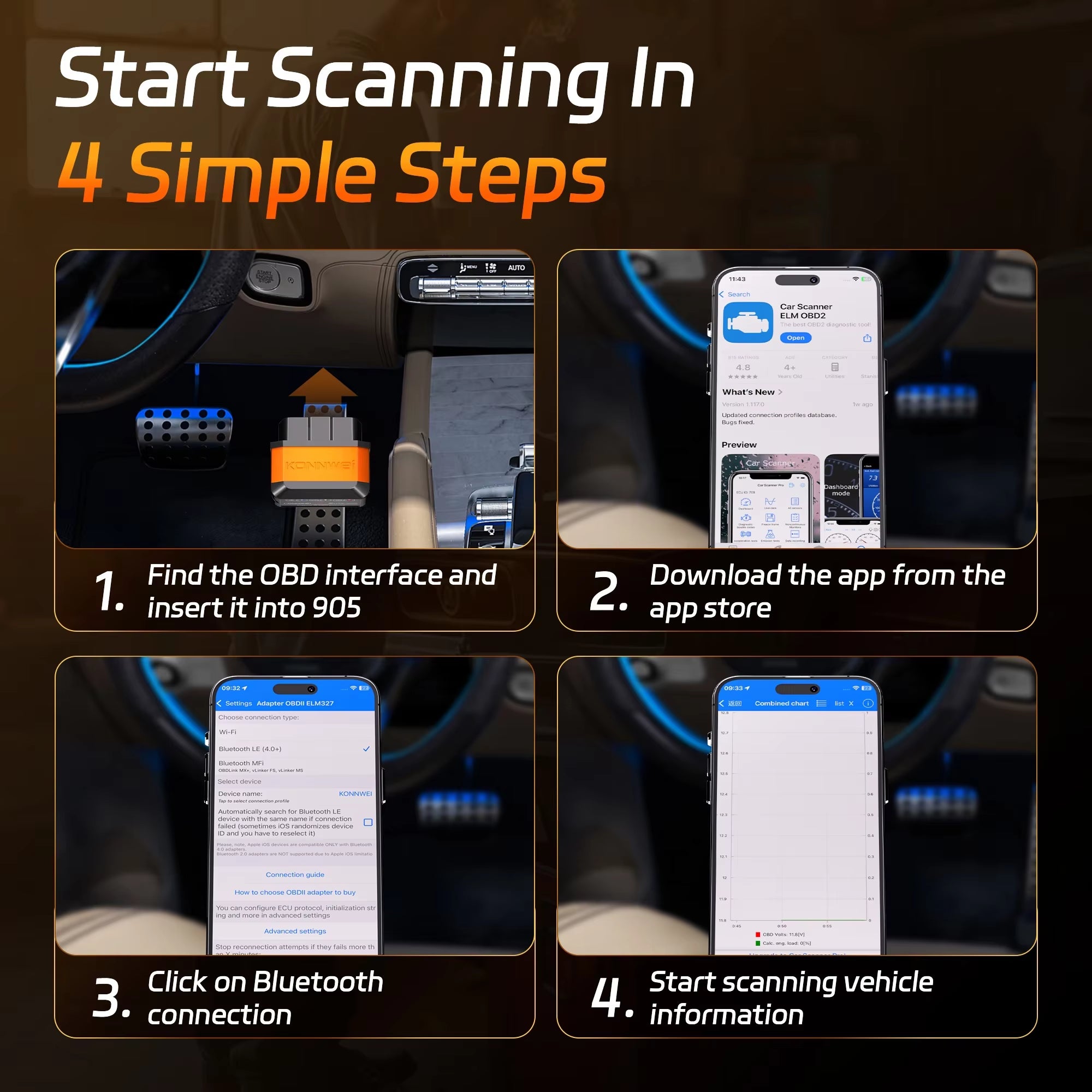 2026  KW905 ELM327 OBD2 Scanner Bluetooth 5.0 Engine Fault Scanner Tool OBDII Code Reader Diagnostic Tool for Android/IOS