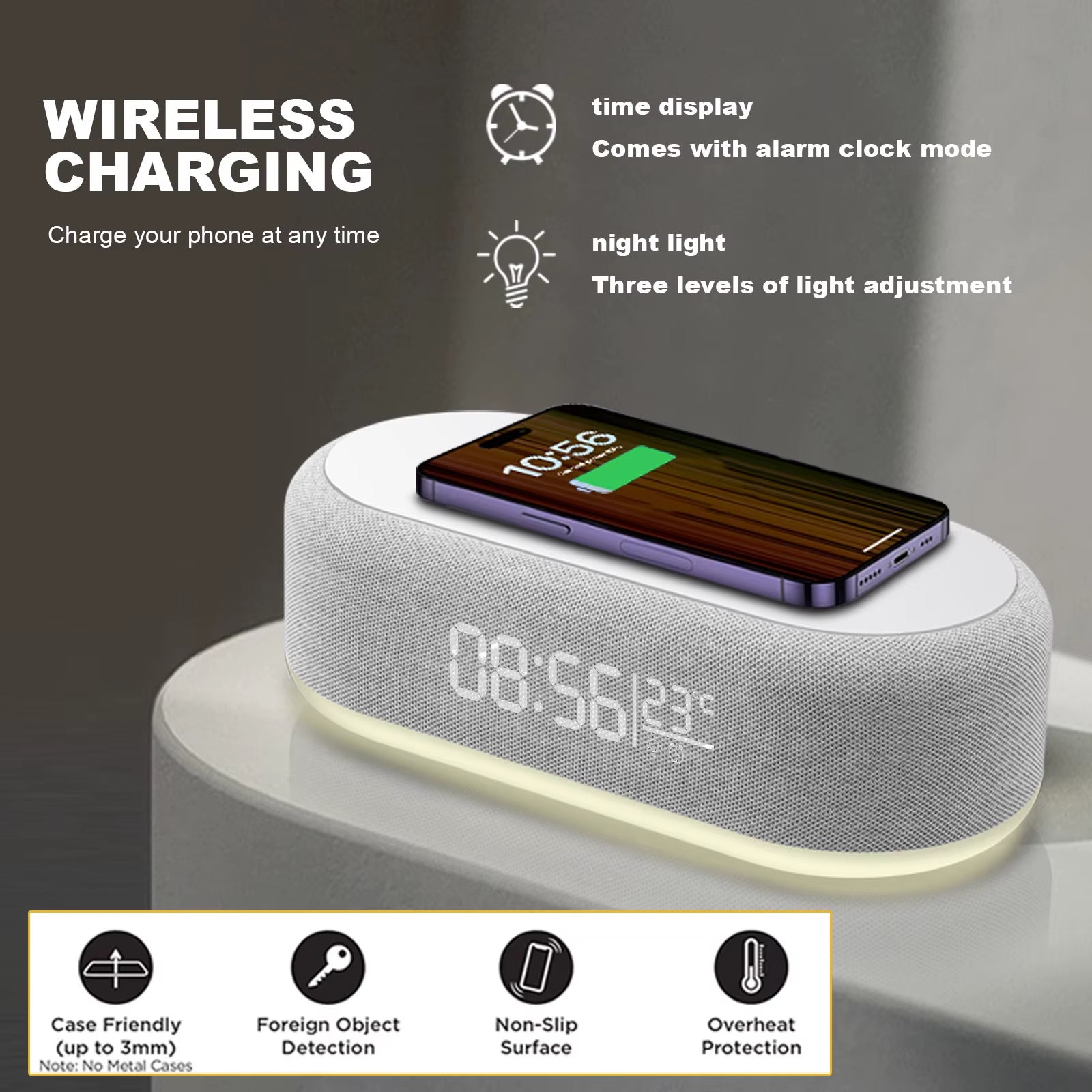 Fast Wireless Charger Alarm Clock Time LED Light Thermometer for iPhone 16 15 14 13 12 Charging Dock Station for Samsung S24 S23
